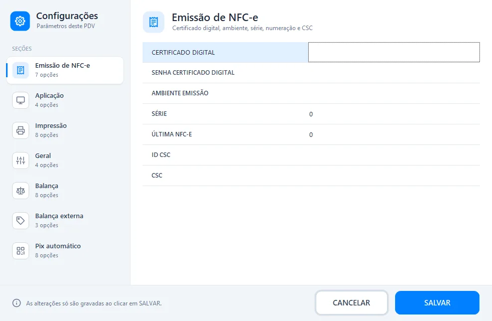 Info PDV Desktop: tela Configurações. Emissão de NFC-e, impressão e balança configuradas por caixa.