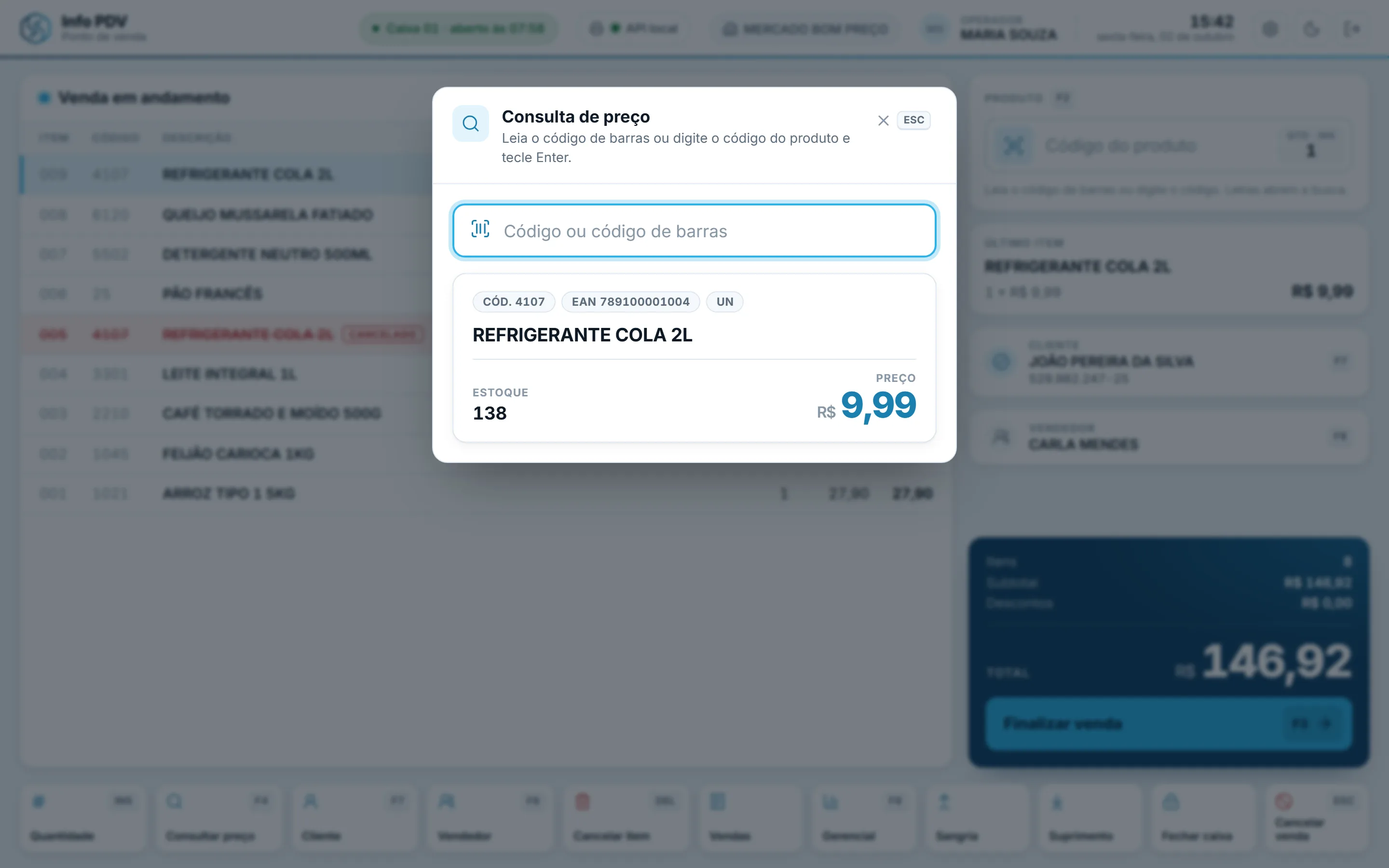 Info PDV Web: tela Consulta de preço. Leia o código de barras e veja preço e estoque sem lançar nada na venda.