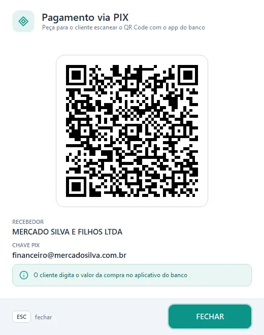 Info PDV Desktop: tela PIX. QR Code do PIX na tela do caixa.