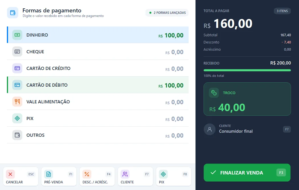 Info PDV Desktop: tela Pagamento. Formas de pagamento, troco e saldo calculados na hora.