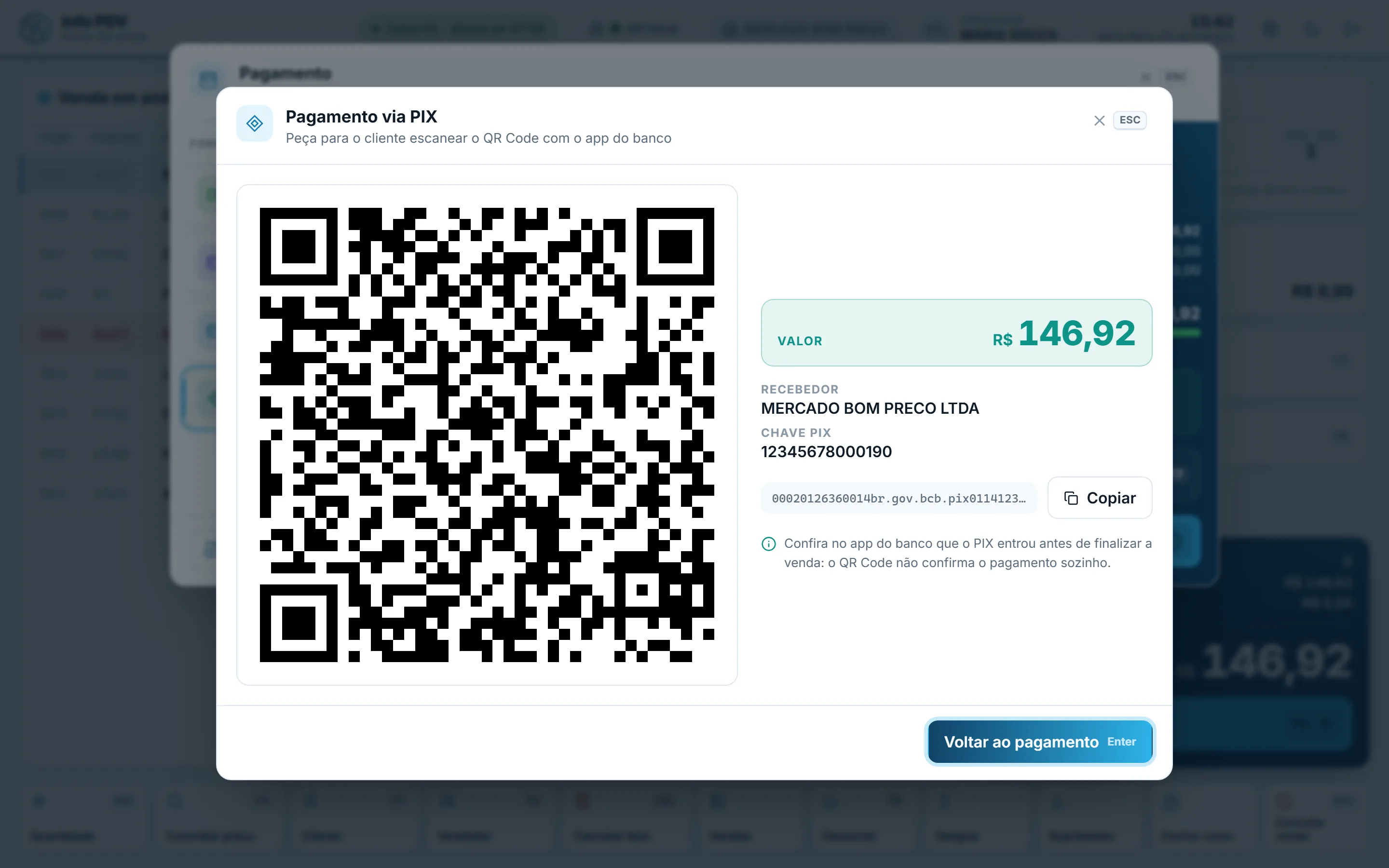Info PDV Web: tela PIX. QR Code do PIX já com o valor da venda, gerado na hora com a chave do caixa.