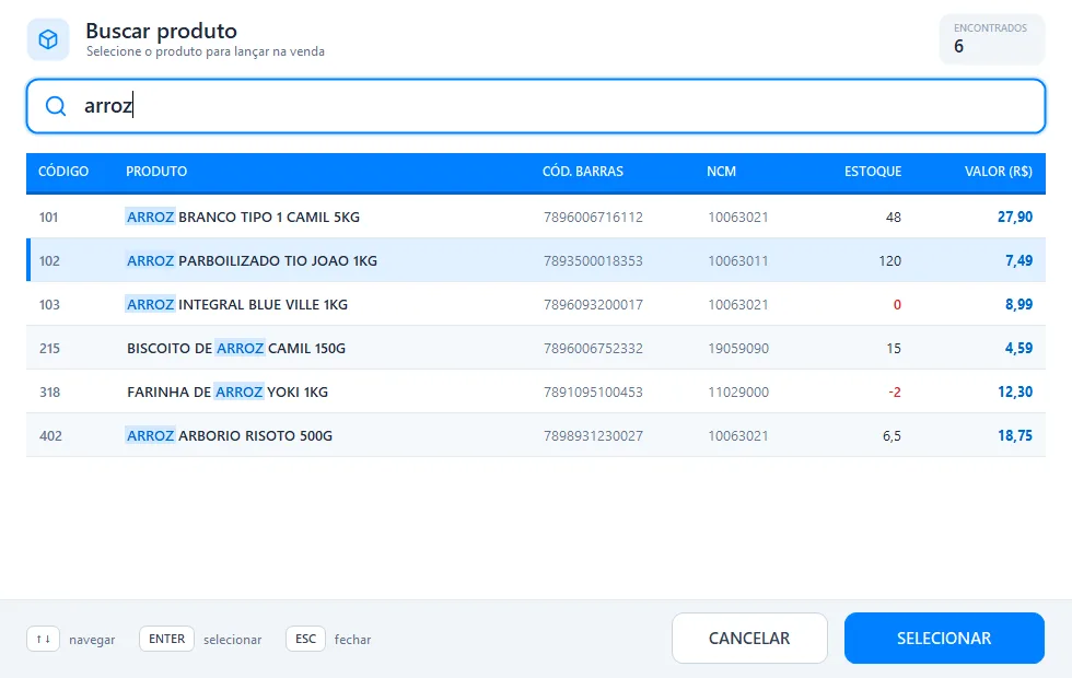 Info PDV Desktop: tela Produtos. Busca de produtos rápida, por nome ou código.