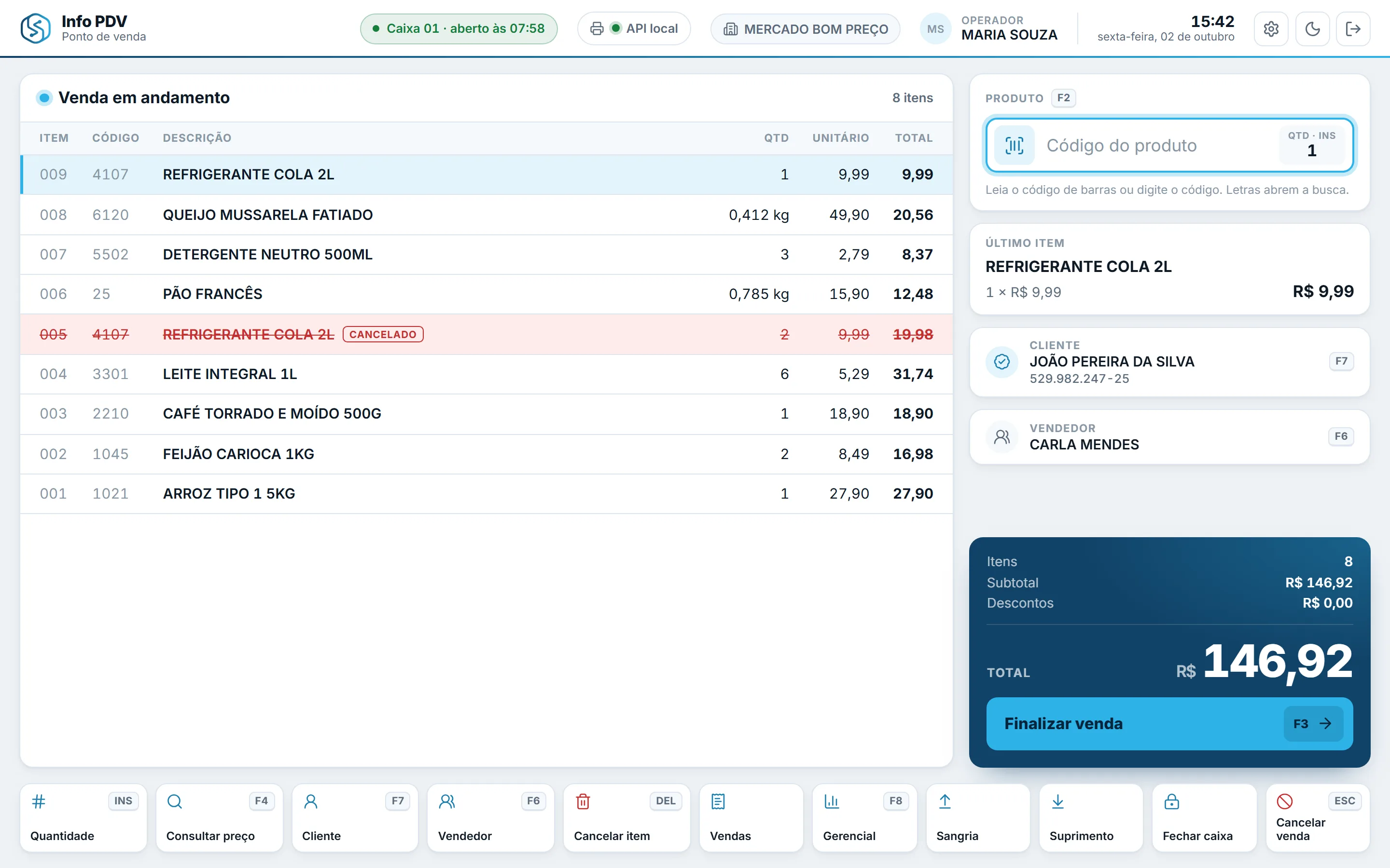 Info PDV Web: tela Venda. Total em destaque, último item, cliente e vendedor à vista, atalhos em todos os botões.