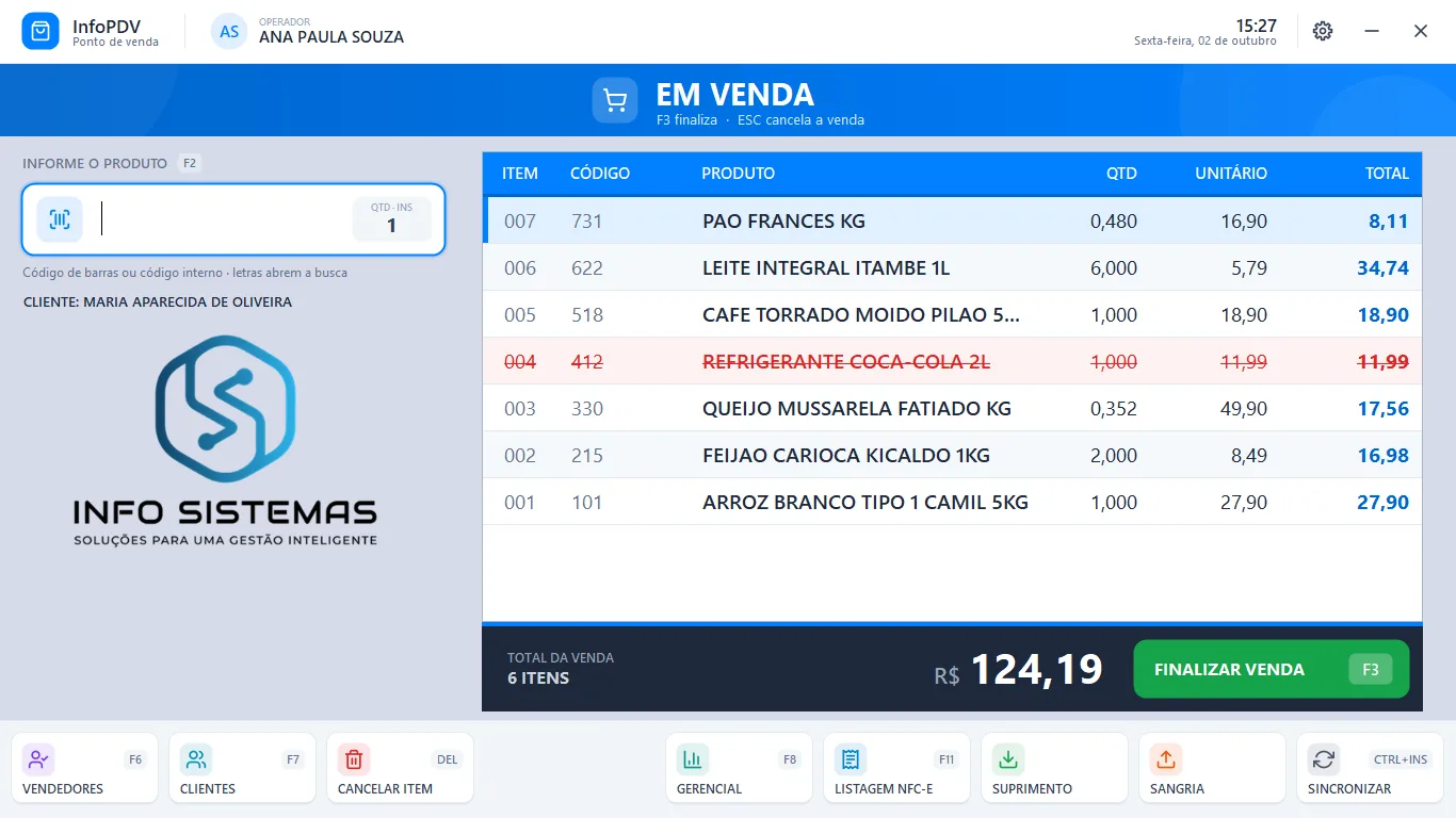 Info PDV Desktop: tela Venda. Tela de venda redesenhada, com total em destaque e atalhos à vista.